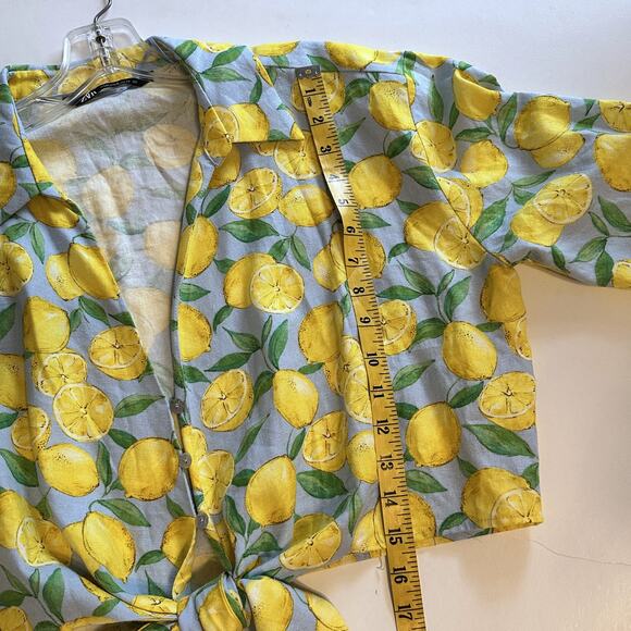 Zara Lemon Print Tie-Waist Top Womens Medium Linen Blend Beachy Novelty Fruit - Picture 10 of 11